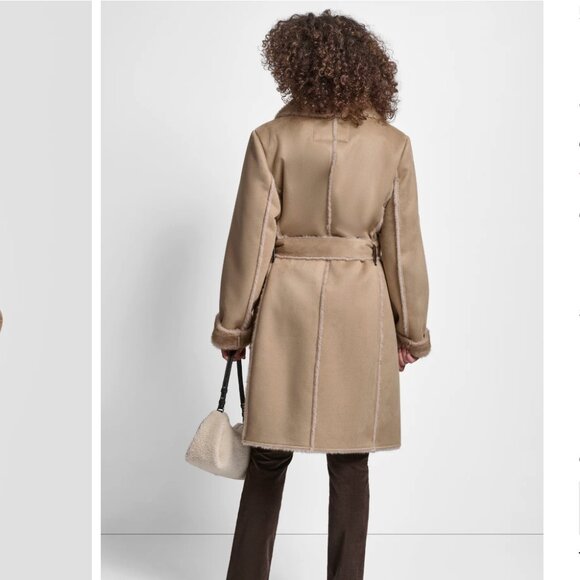 NWT DKNY Women's Belted Notched-Collar Faux-Shearling Coat - Picture 2 of 7